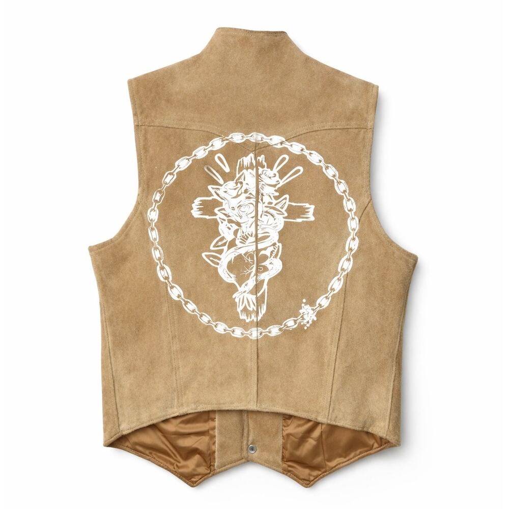 Vintage 70s Levi’s Tan Suede Leather Vest Western Graphic Back Size Medium